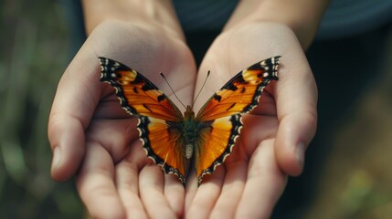 Painted Lady Butterfly Resting on Child's Hands