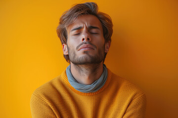 Obraz premium Headache and migraine, man with head pain on a yellow background, a face expressing suffering, health problems concept