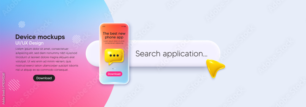 Poster mobile phone ui banner. search bar app interface template. phone mockup with 3d chat speech bubble b