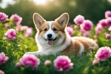 'dog haired natural red green puppy corgi flowers lush grass peonies surrounded cute pink fragrant lies happy smiles meadow flower peony smile tongue muzzle portrait rest summer nature background'
