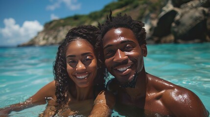 young beautiful african american couple on the beach making a selfie
