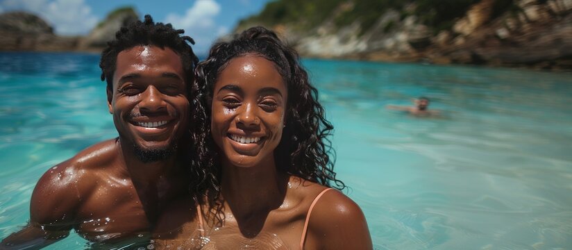 young beautiful african american couple on the beach