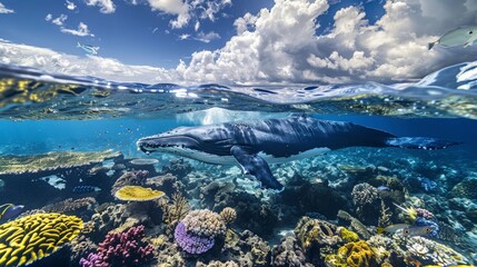 Beneath the waves, a split view reveals the majestic presence of a whale gliding gracefully alongside vibrant marine life.