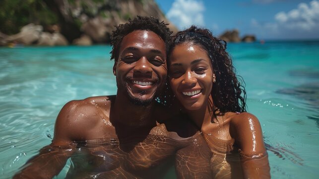 young beautiful african american couple on the beach