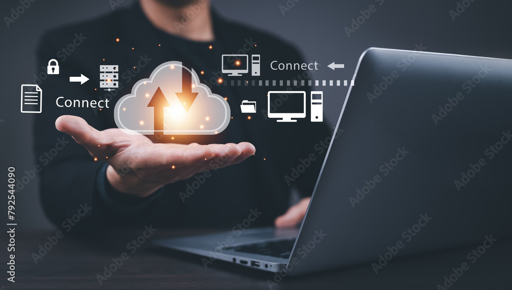 Poster business people using laptop with cloud computing system , storage and data transfer cloud network, 