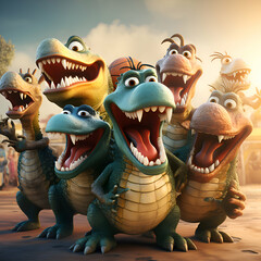 3d render of a group of crocodiles with teeth and teeth - obrazy, fototapety, plakaty