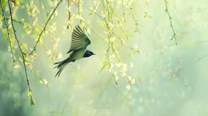 A swallow flying in the sky, clean background, light green background, spring willow tree