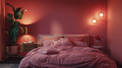 A luxurious master bedroom with designer decor and a burning lamp on the bedside table, creating an ambiance of sophistication and tranquility.