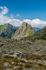 Hruba veza, Mlynar and few other pess on the background - view near Zamrznute pleso lake in highest part of Bielovodska dolina valley in High Tatras mountains in Slovakia