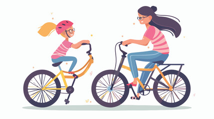 Mom teaching daughter ride bicycle. Mother showing