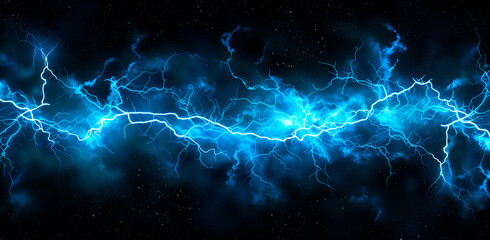 Electric lightning spark, blue on black background. Concept of electricity and currents in cars, energy and batteries. - obrazy, fototapety, plakaty