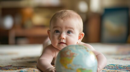 cute baby on stomach staring intently at a globe - obrazy, fototapety, plakaty