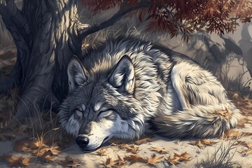 cartoon illustration, a wolf sleeping under a tree