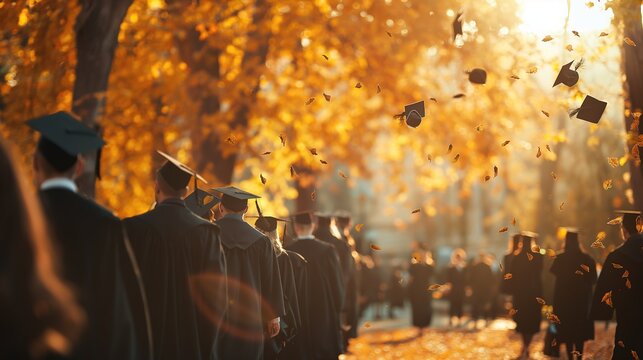 Students at graduation in autumn park. concept of hard studying