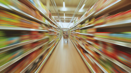shopping at the supermarket, fast moving supermarket shopping cart with motion blur