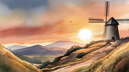 Watercolor painting of windmill on hillside at sunset. Beautiful landscape illustration for design, template, artwork, wallpaper, background