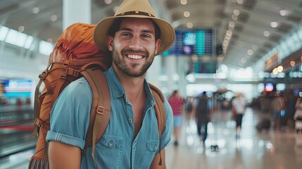 Portrait of a happy young man solo traveler with a backpack inside an airport terminal , backpacker going to an new adventure concept image with copy space