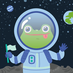Frog astronaut stands on moon holding flag. Vector illustration