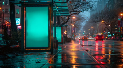 Bus stop in New York city with vertical digital OOH mockup with green screen.generative ai