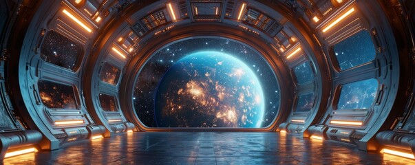 Futuristic space station interior with stunning view of the galaxy - obrazy, fototapety, plakaty