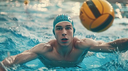 Water polo player reaching the ball in swimming pool