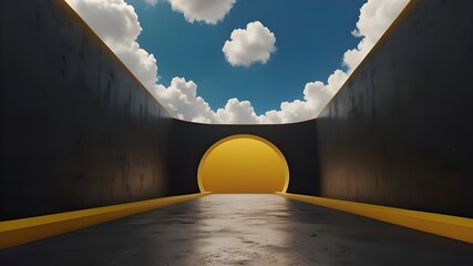 3d render Gateway to the Skies, abstract and minimal, design with 3d blue sky and white clouds and...