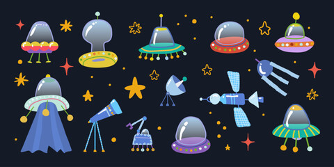 Set of cartoon space flying vehicles: saucers, satellites, telescopes. Vector illustration
