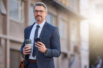 Portrait, coffee and man in city, smartphone and confidence with email, message and cappuccino. New...