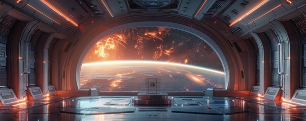 Stunning view from a futuristic space station overlooking a vibrant Earth and glowing cosmic events - obrazy, fototapety, plakaty