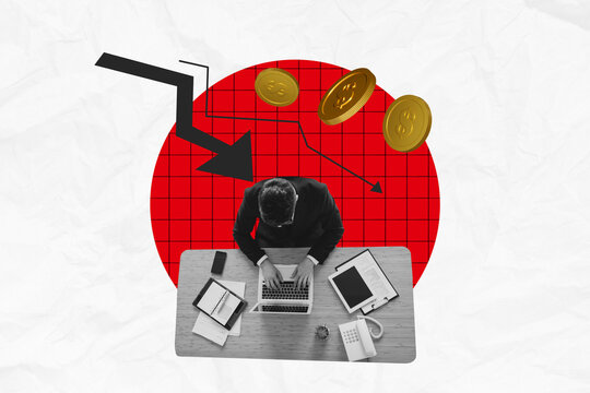 Composite photo collage of busy man type laptop freelance arrow down crisis chaos money coin defeat graph isolated on painted background