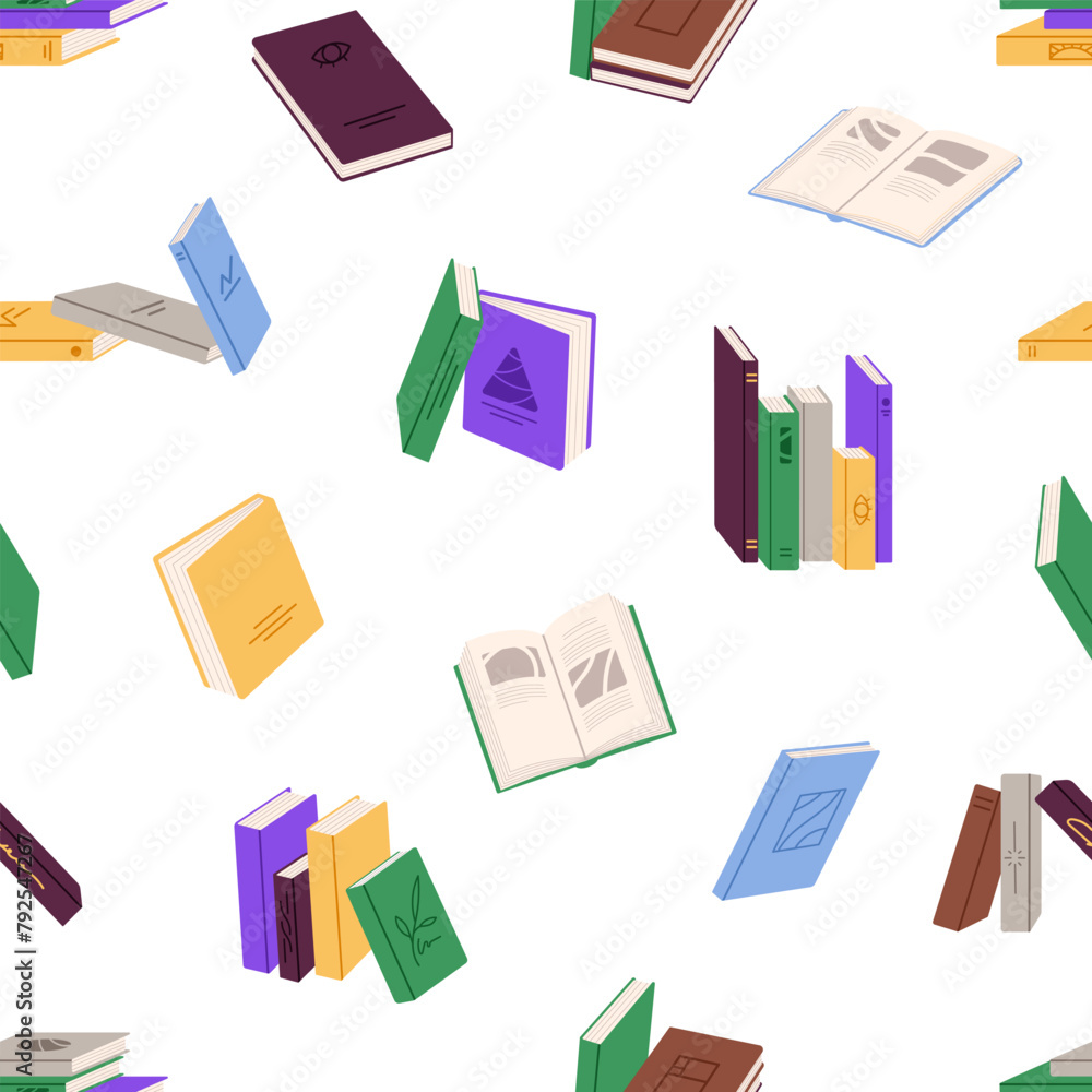Poster repeatable pattern of colourful closed and open paper books. endless backdrop with stacks of novels.