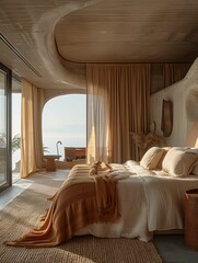 Modern Bedroom with Ocean View and Earth Tones
