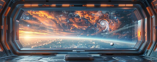 Stunning view from a futuristic space station window overlooking a cosmic galaxy - obrazy, fototapety, plakaty