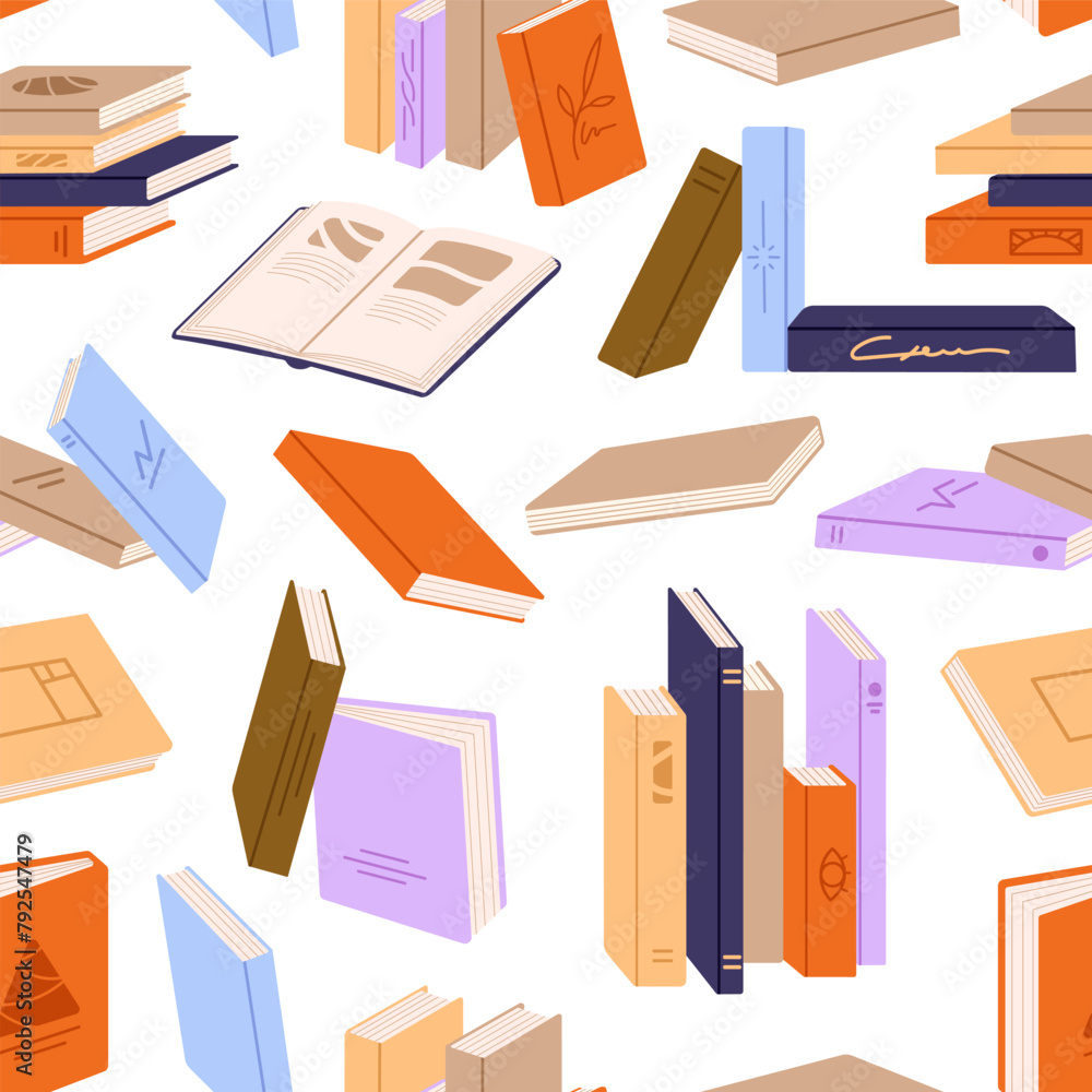 Poster piles of different literature. repeatable pattern of closed and open paper books. endless backdrop w