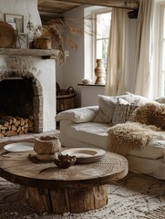 Cozy Rustic Living Room Interior with Stone Fireplace and Wood Accents
