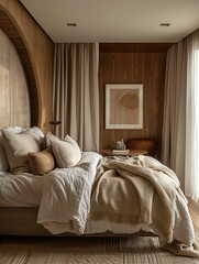 Cozy Bedroom Interior with Wooden Wall Design and Textured Bedding