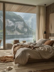 Cozy Bedroom Interior with Lake View and Mountain Landscape