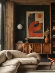 Modern Living Room Interior with Abstract Wall Art and Wooden Furniture