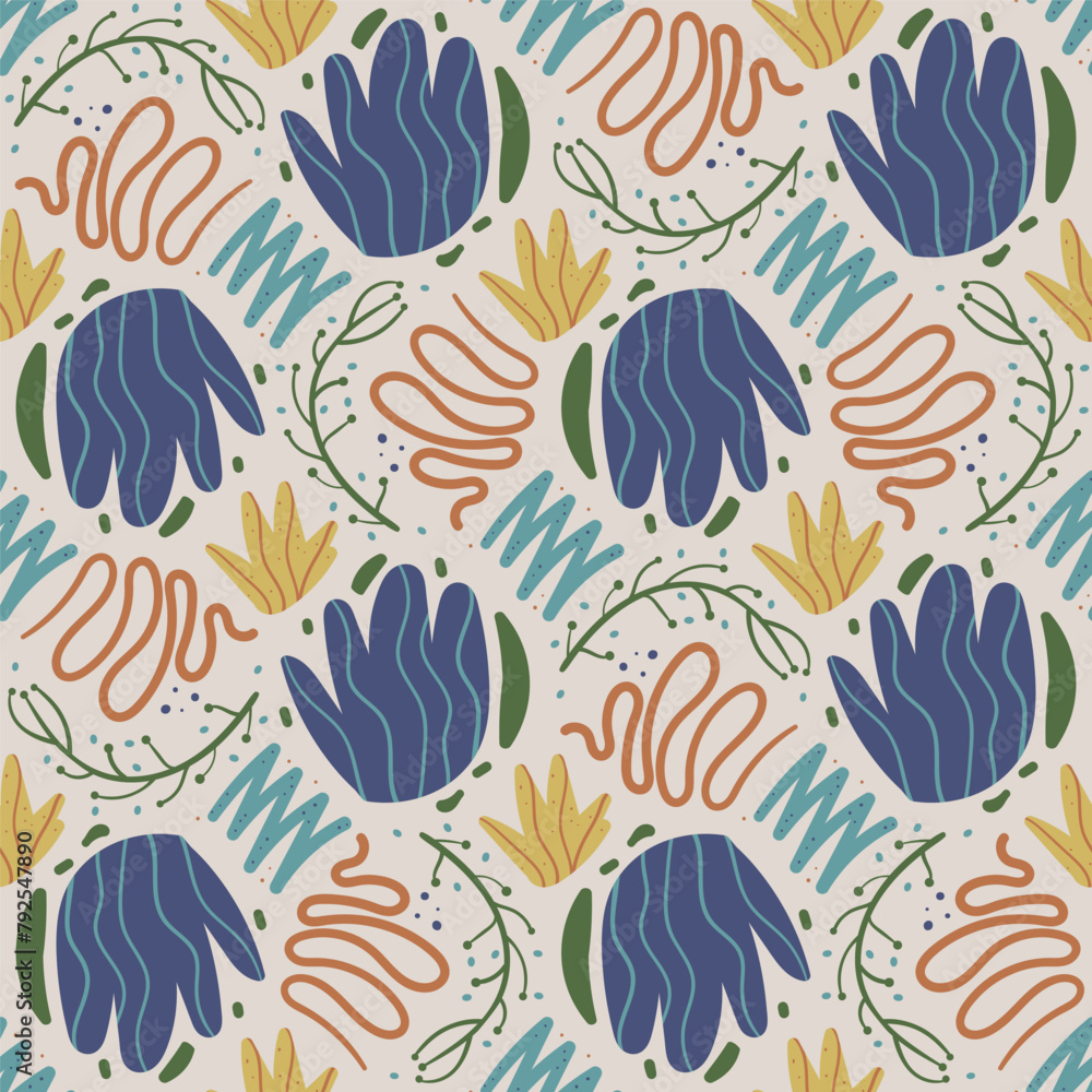 Poster retro abstract seamless pattern. flowers and abstraction elements endless background. simple botanic