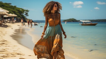 beautiful young woman walking on the beach