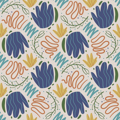 Retro abstract seamless pattern. Flowers and abstraction elements endless background. Simple botanic loop ornament. Vector flat hand drawn illustration.