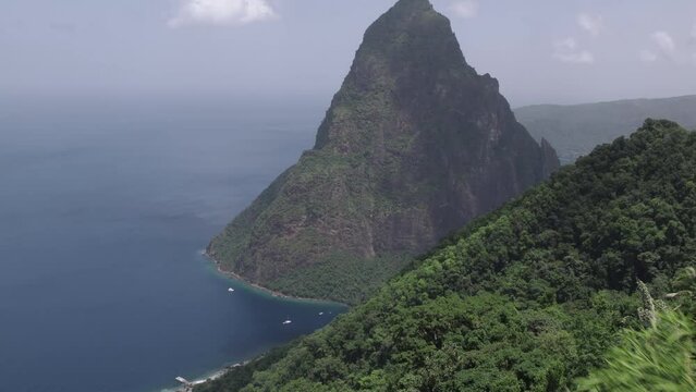 Aerial of Petit Piton from Soufriere on Saint Lucia