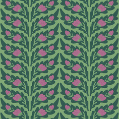 Violet wildflowers seamless pattern. Floral endless background. Botanic repeat cover. flowers and foliage. Vector hand drawn illustration.