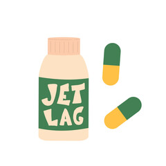 Jet lag pills isolated on white background. Travel treatment. Vector illustration.