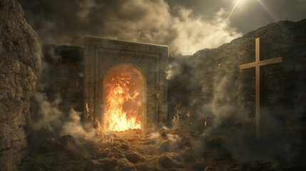 Fototapeta premium stone arch that lead to hell with christian cross on other side. Concept of choice at the end