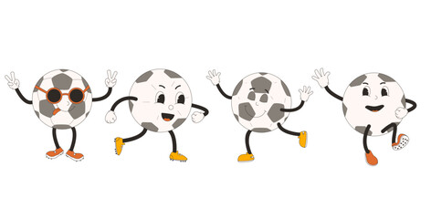 Football ball cartoon mascots set. Soccer retro characters. Sport equipment isolated on white background. Vector illustration.