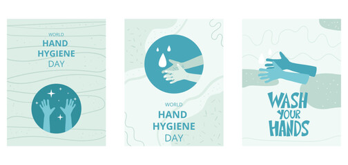 World hand hygiene day templates set. Wash your hands hand drawn lettering awareness background. Vector illustration.