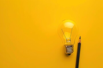 Business creativity and inspiration concepts with lightbulb and pencil on yellow background. motivation for success.think big ideas - generative ai - obrazy, fototapety, plakaty