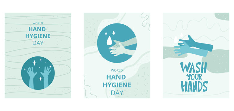 World hand hygiene day templates set. Wash your hands hand drawn lettering awareness background. Vector illustration.