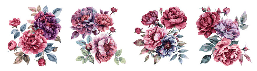 Watercolor set of vintage bouquets of peonies with roses. Watercolor retro flowers. Template for invitations to wedding. 